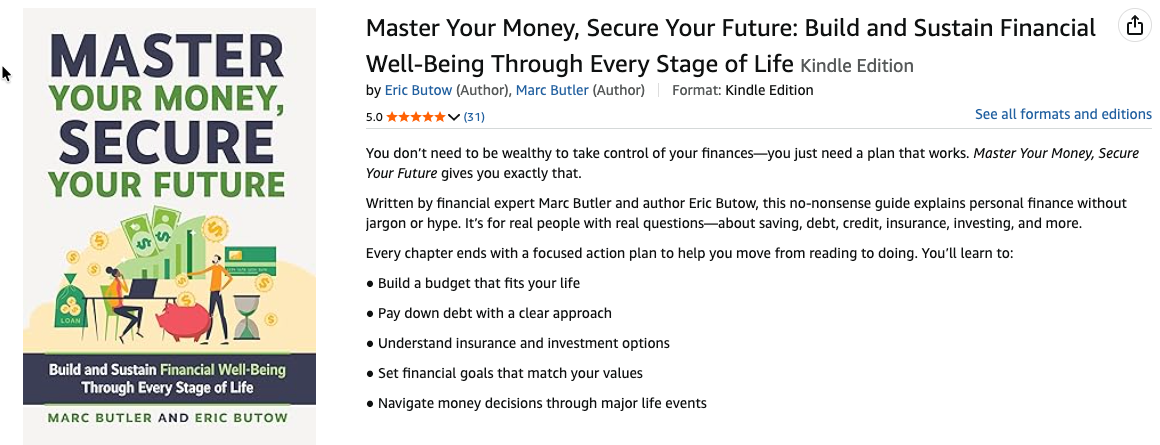The Amazon description page for Master Your Money, Secure Your Future, which has an average 5.0-star rating from 31 reviewers.